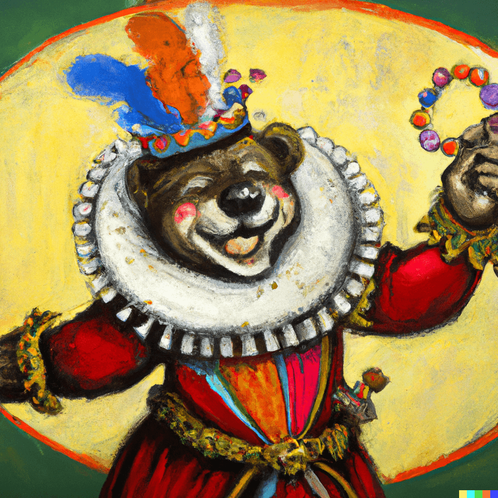 A jolly medieval court jester bear, oil painting