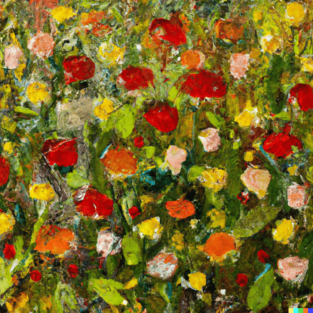 Impressionist oil painting of a field of beautiful flowers, subtle psychedelic details, lovely, delightful, harmonious, wonderful