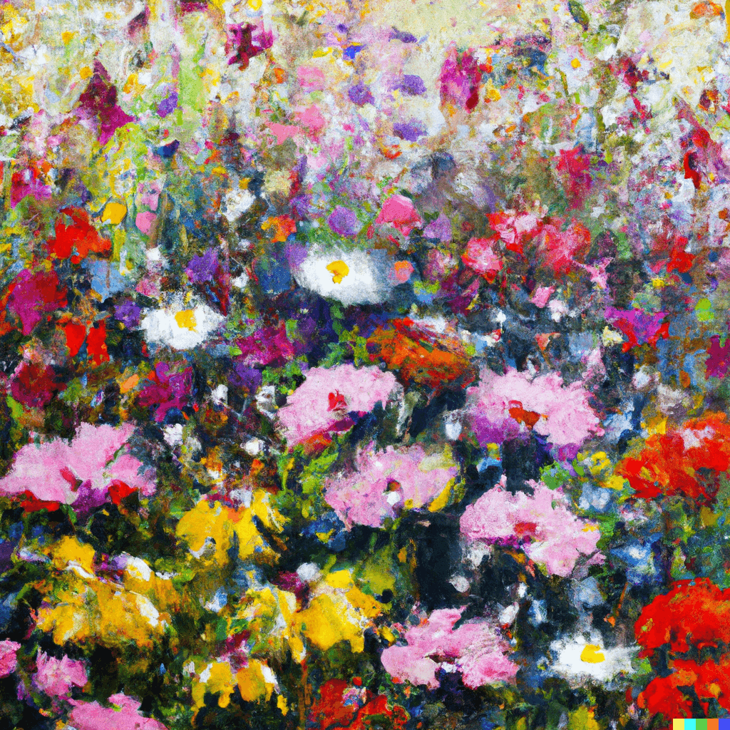 Impressionist oil painting of a field of beautiful flowers, subtle psychedelic details, lovely, delightful, harmonious, wonderful