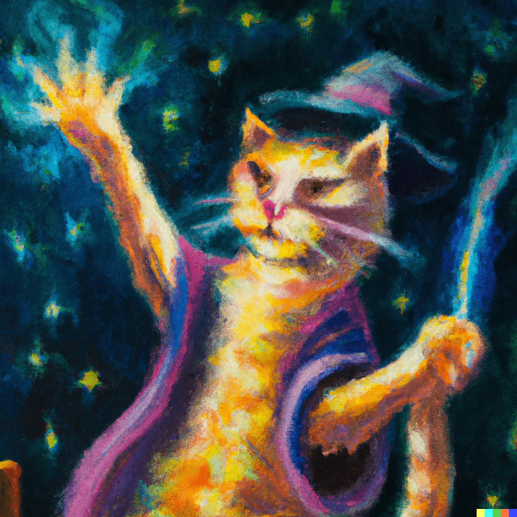 oil painting of a wizard cat casting a spell, Impressionism