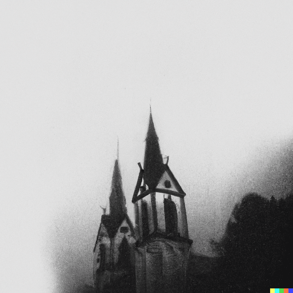 Black metal album cover, grainy film image of a church, black and white