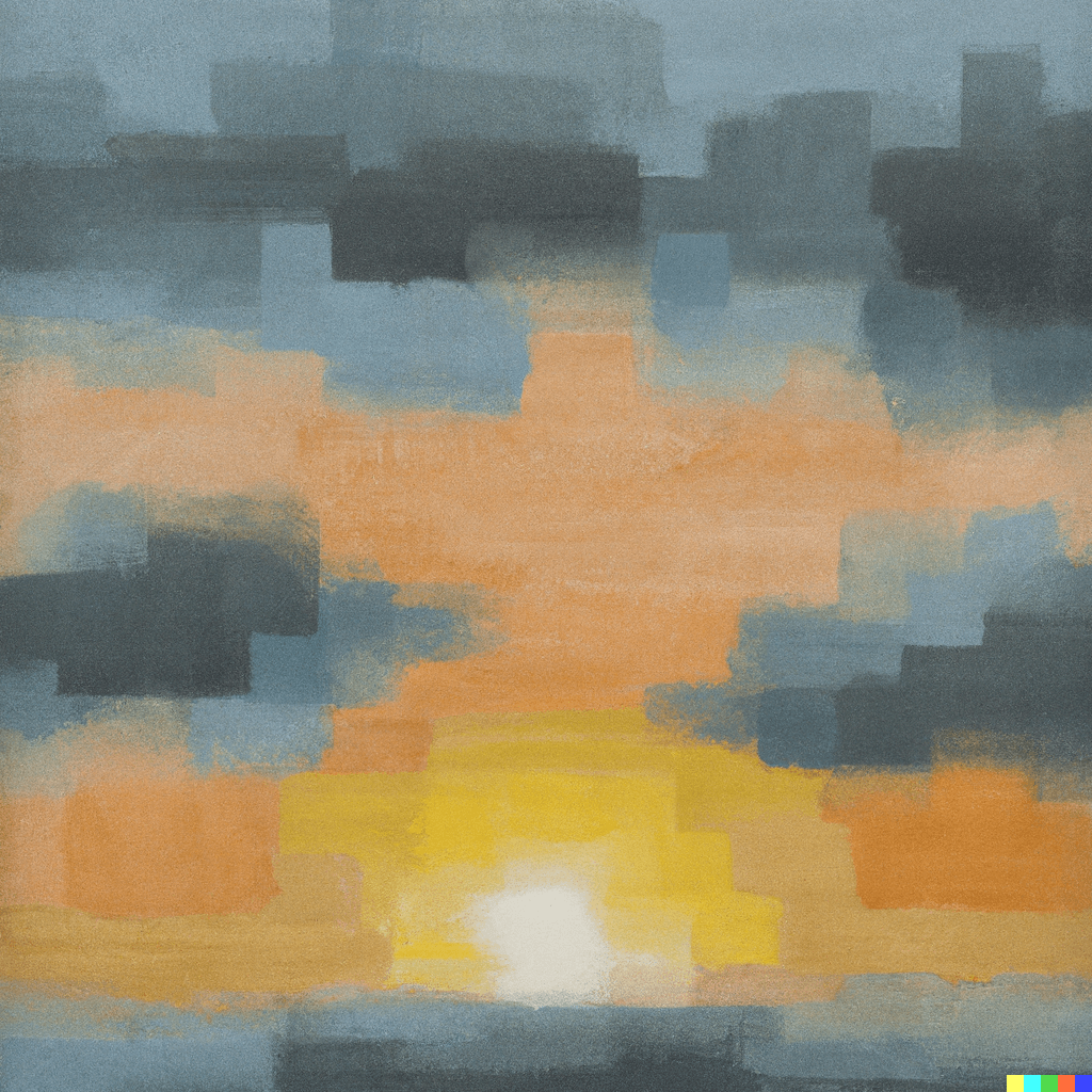 Impressionist oil painting of the sun setting, ambient album cover, beautiful, harmonious color scheme