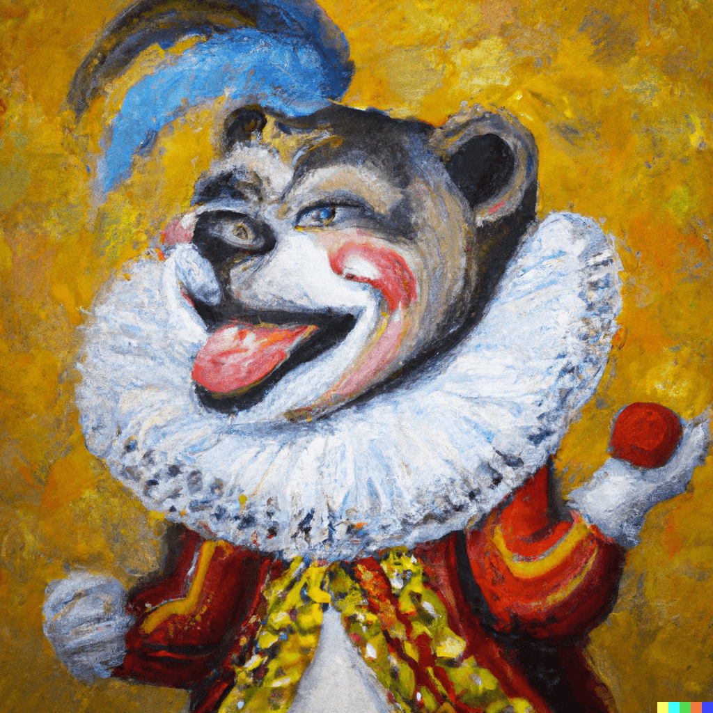 A jolly medieval court jester bear with a manic gaze, oil painting