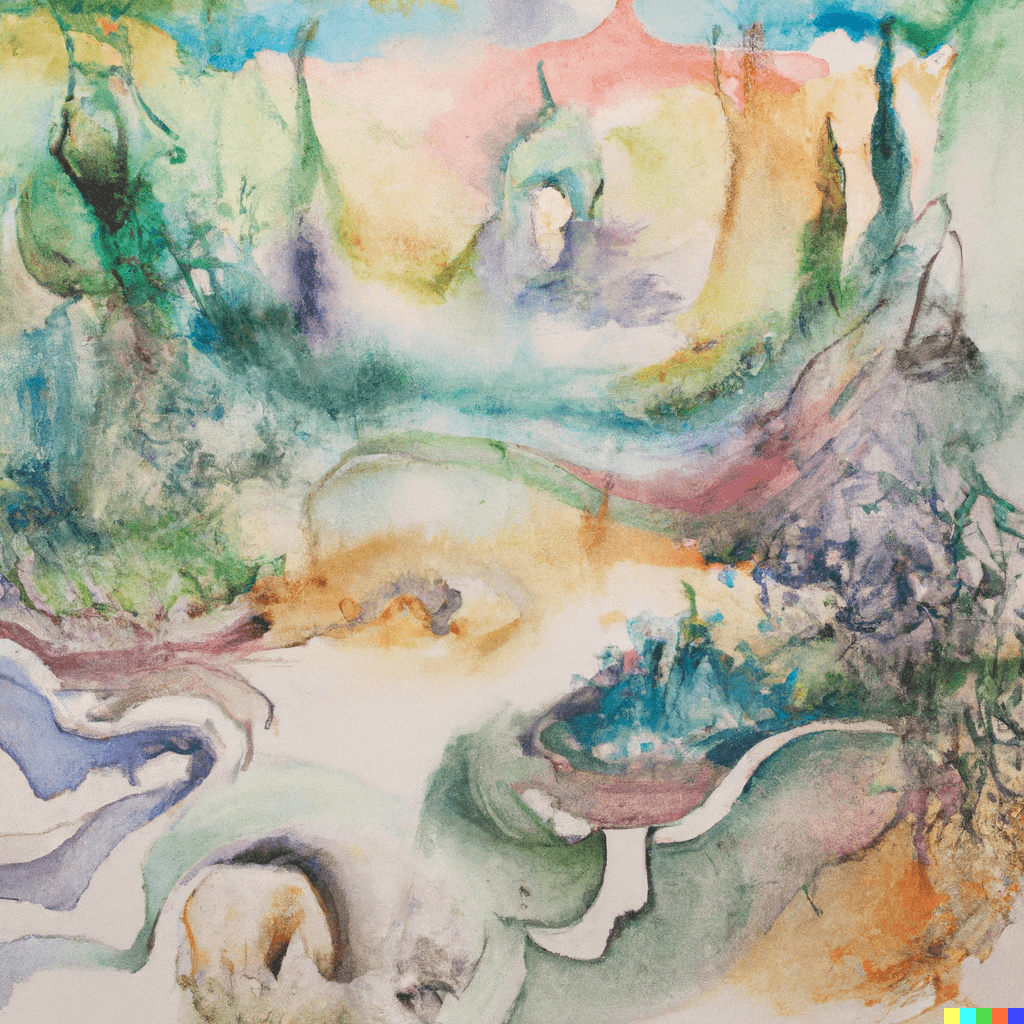 watercolor painting of The Garden of the Prophet by Kahlil Gibran, pastel colorscape, mystical, beautiful