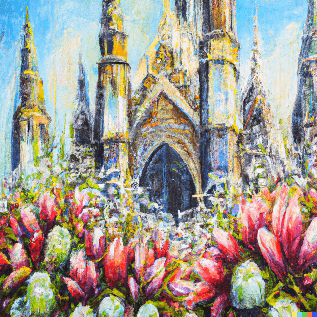 Gothic cathedral with flowers bursting out, detailed beautiful oil painting