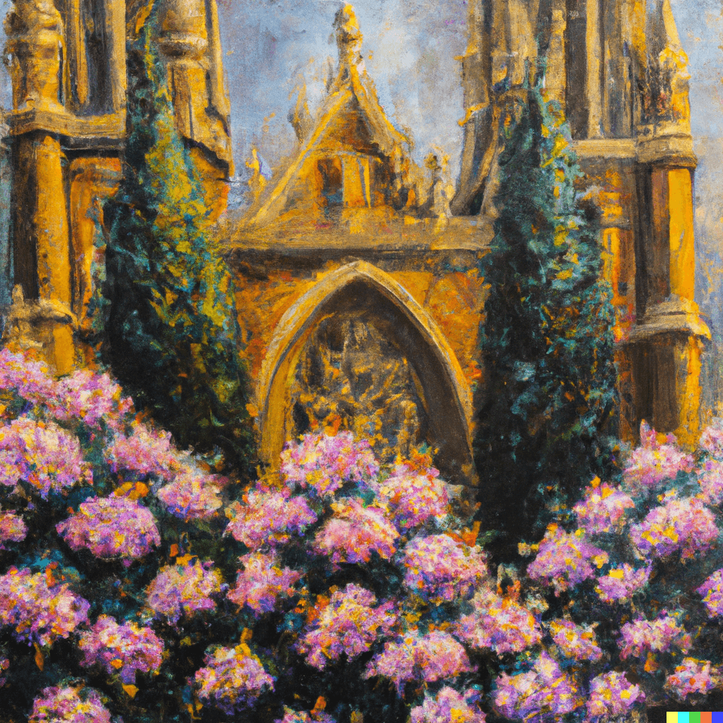 Gothic cathedral with flowers bursting out, detailed beautiful oil painting