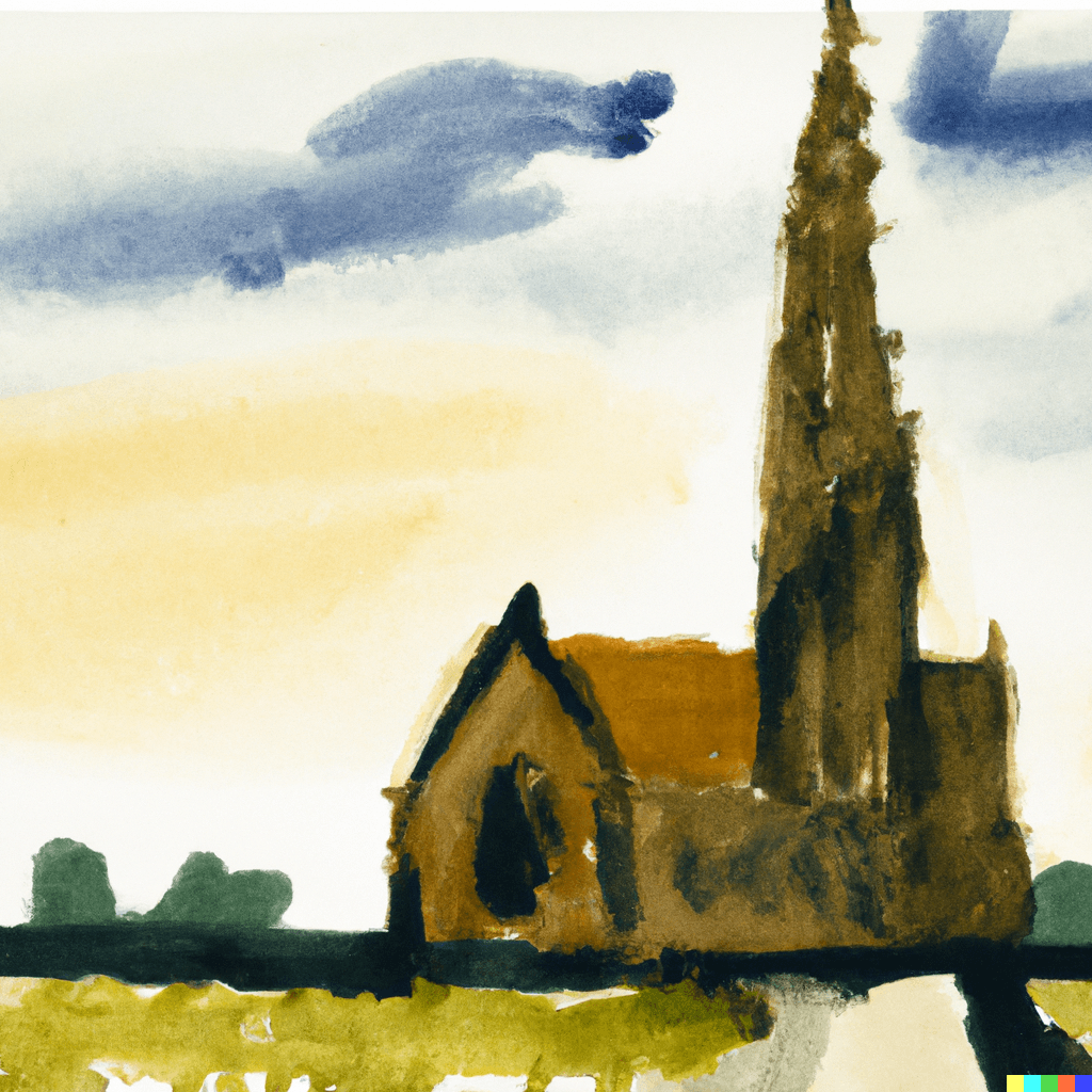 A watercolor painting of a gothic church painted by Vincent Van Gogh