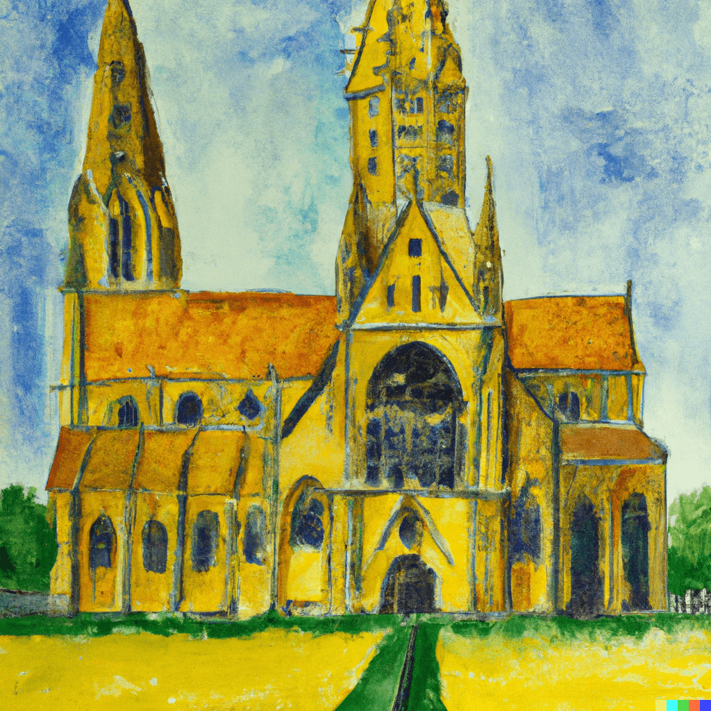 A watercolor painting of a gothic church painted by Vincent Van Gogh