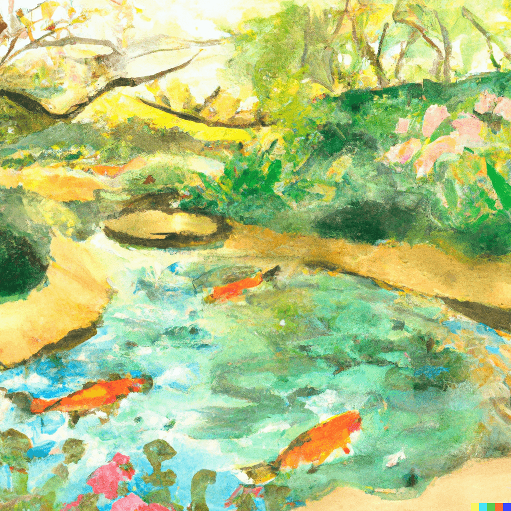 watercolor painting of a koi pond in a garden, pastel colorscape, beautiful