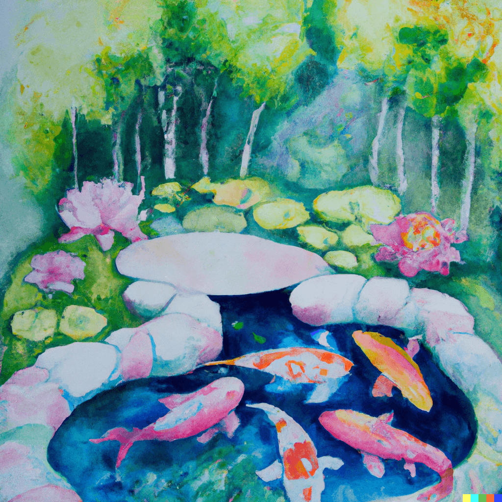 watercolor painting of a koi pond in a garden, pastel colorscape, mystical, beautiful